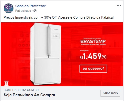 Imagem: Golpe no Facebook com Lojas Americanas e Geladeira Brastemp Frost Free.