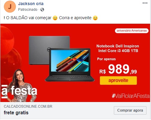 Imagem: Golpe no Facebook com Lojas Americanas e notebook Dell Inspiron Intel Core i3 4GB 1TB.